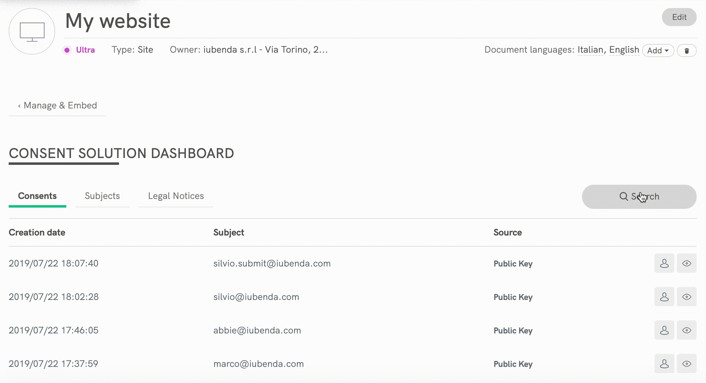 Dashboard de la Consent Database: Consentimiento, Interesados y Avisos legales (función de búsqueda)