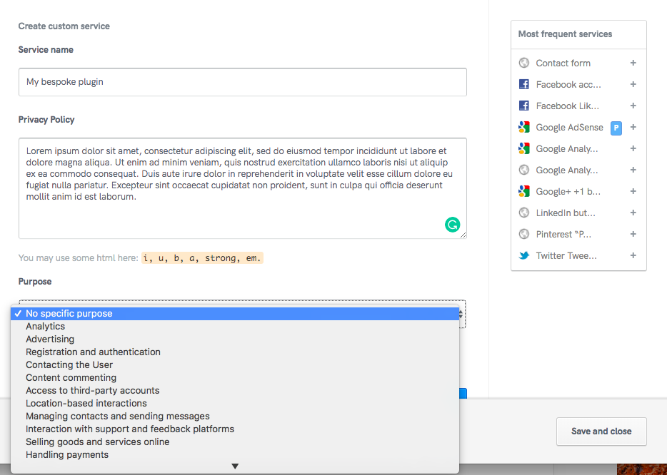 Privacy and Cookie Policy Generator - Assign Purposes