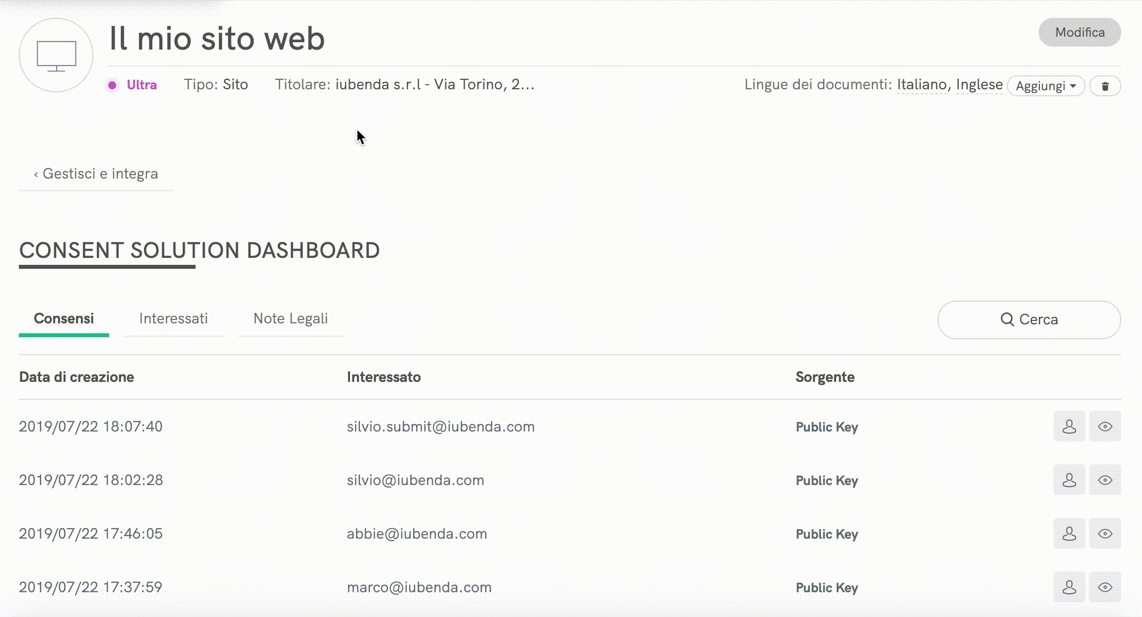Consent Solution Dashboard - Consensi, interessati e note legali