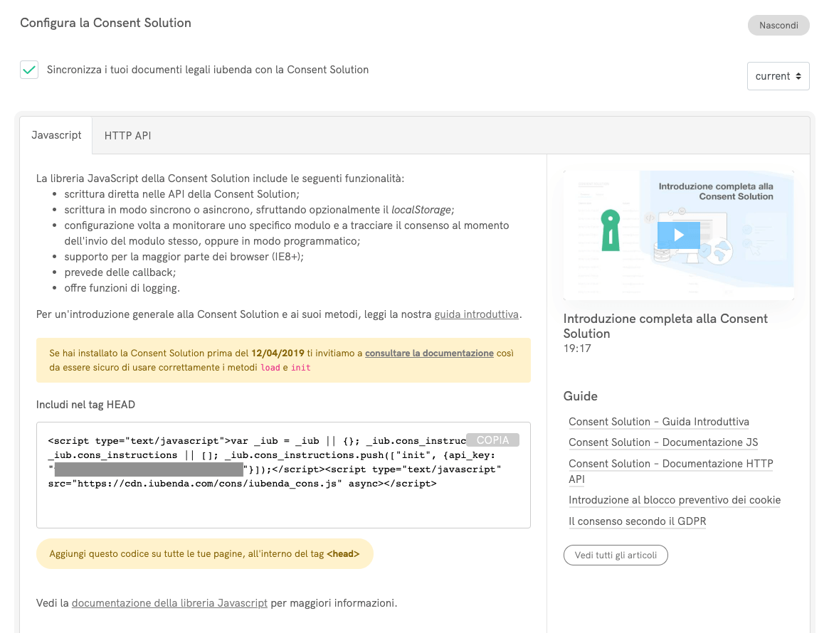 Codice di integrazione del Consent Database
