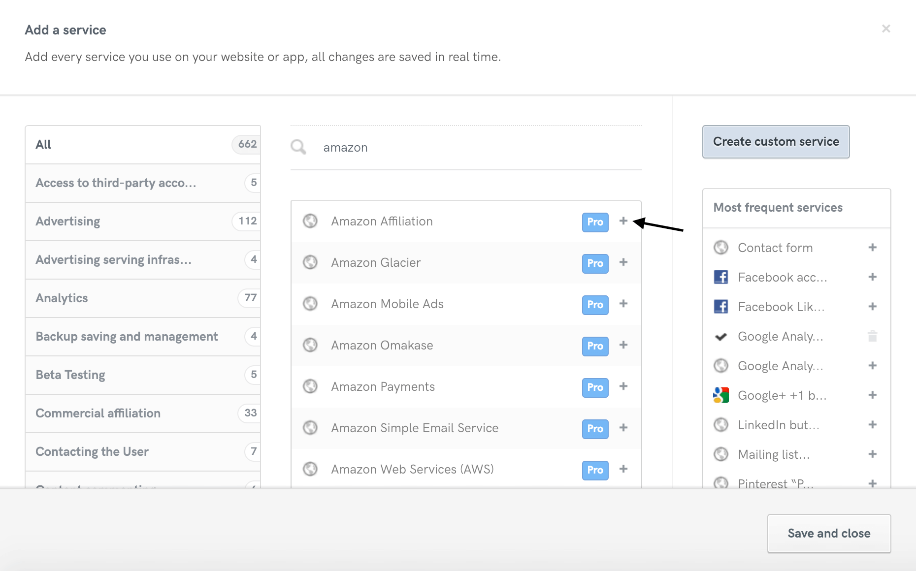 How to add iubenda's Amazon Affiliation service