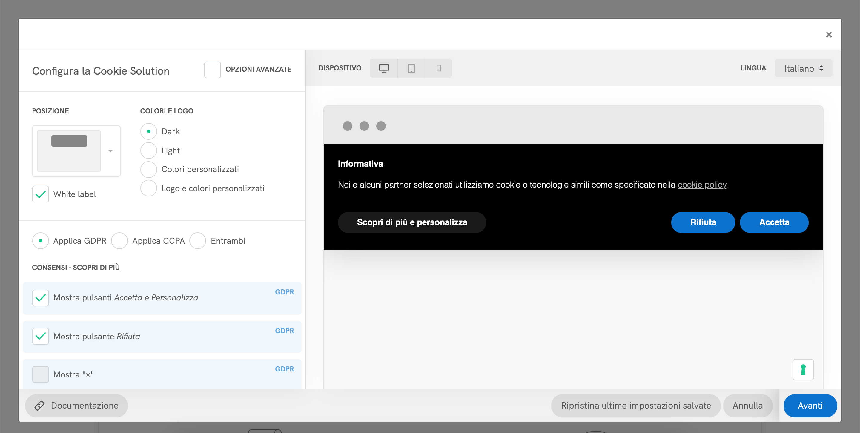 Configurazione del cookie banner