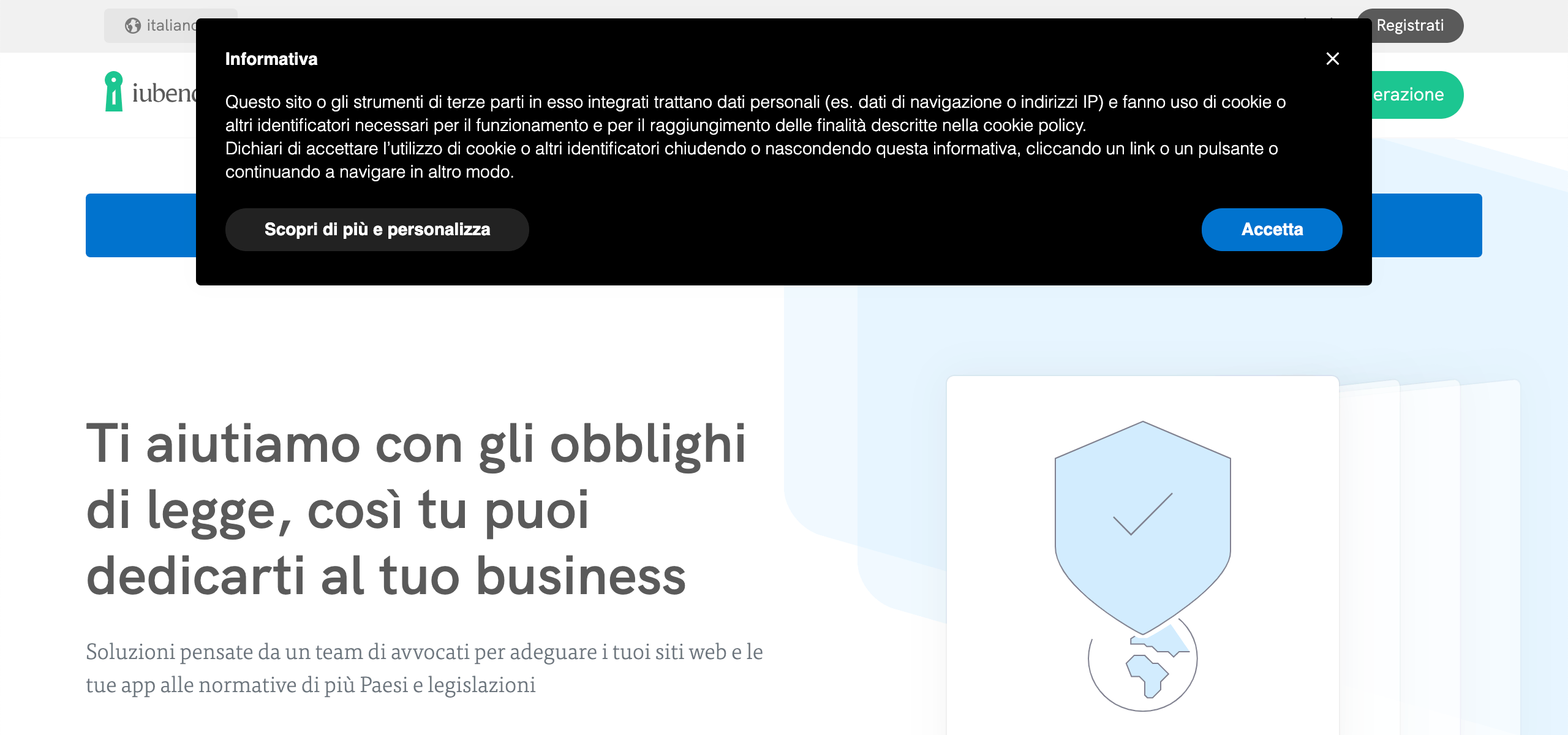 Cookie banner in funzione sul sito di iubenda