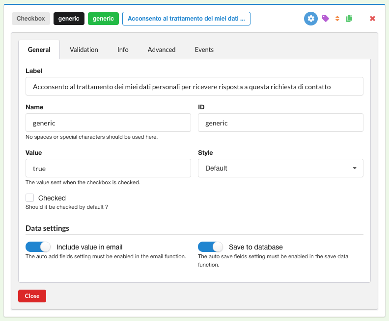 ChronoForms per Joomla! - Configurazione delle checkbox