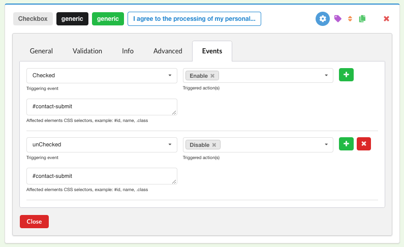 ChronoForms - Configuration des cases à cocher