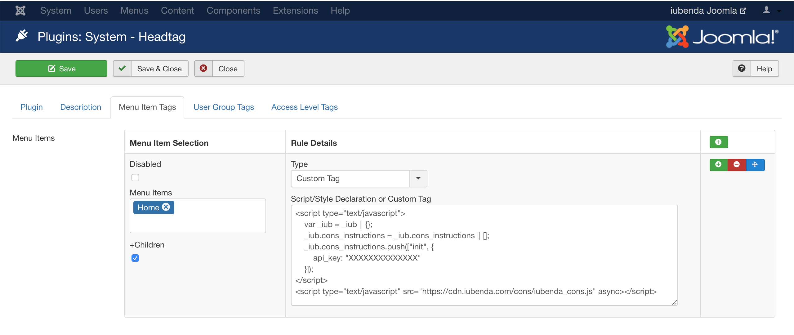 Extension Headtag de Joomla! avec le code Consent Solution