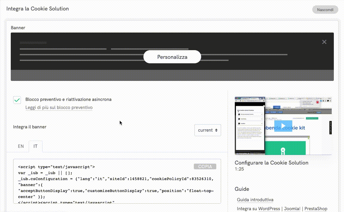 Cookie Solution - Copia del codice di integrazione del cookie banner