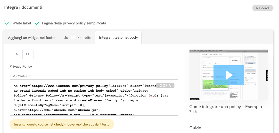 Privacy e Cookie Policy - Inclusione diretta del testo