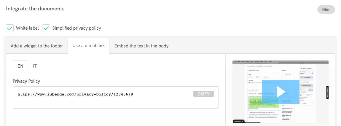 iubenda privacy policy - Use a direct link