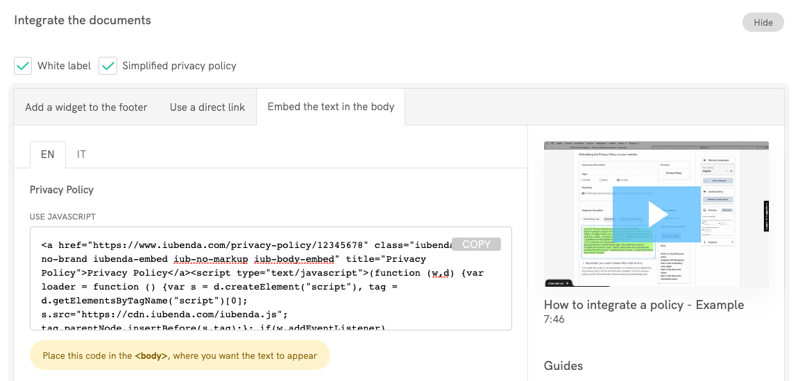 iubenda privacy policy - Embed the text in the body