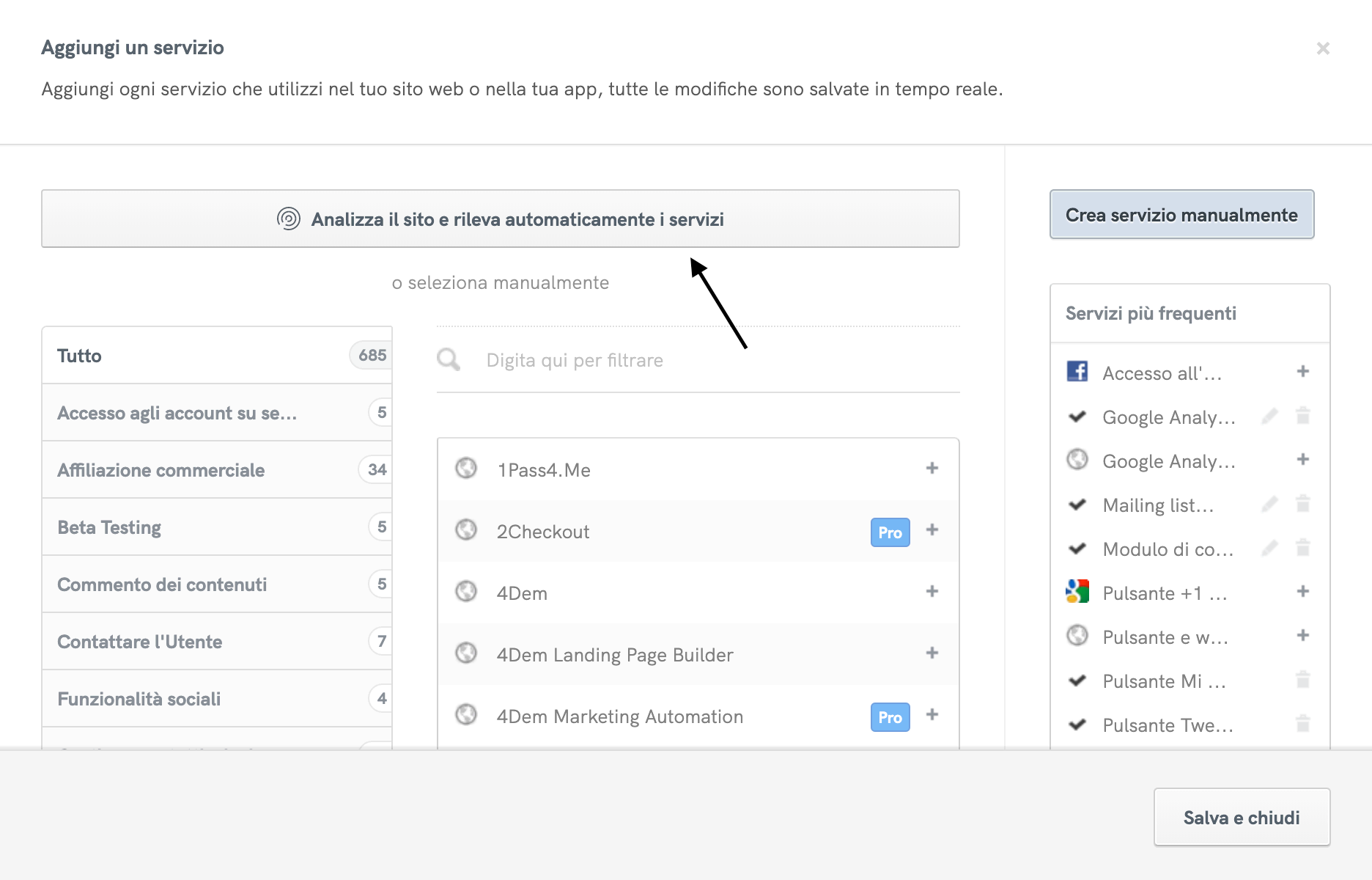 Generatore di Privacy e Cookie Policy - Pulsante Analizza il sito e rileva automaticamente i servizi