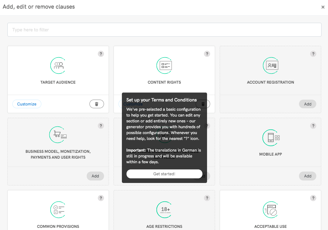 premier message de conditions générales