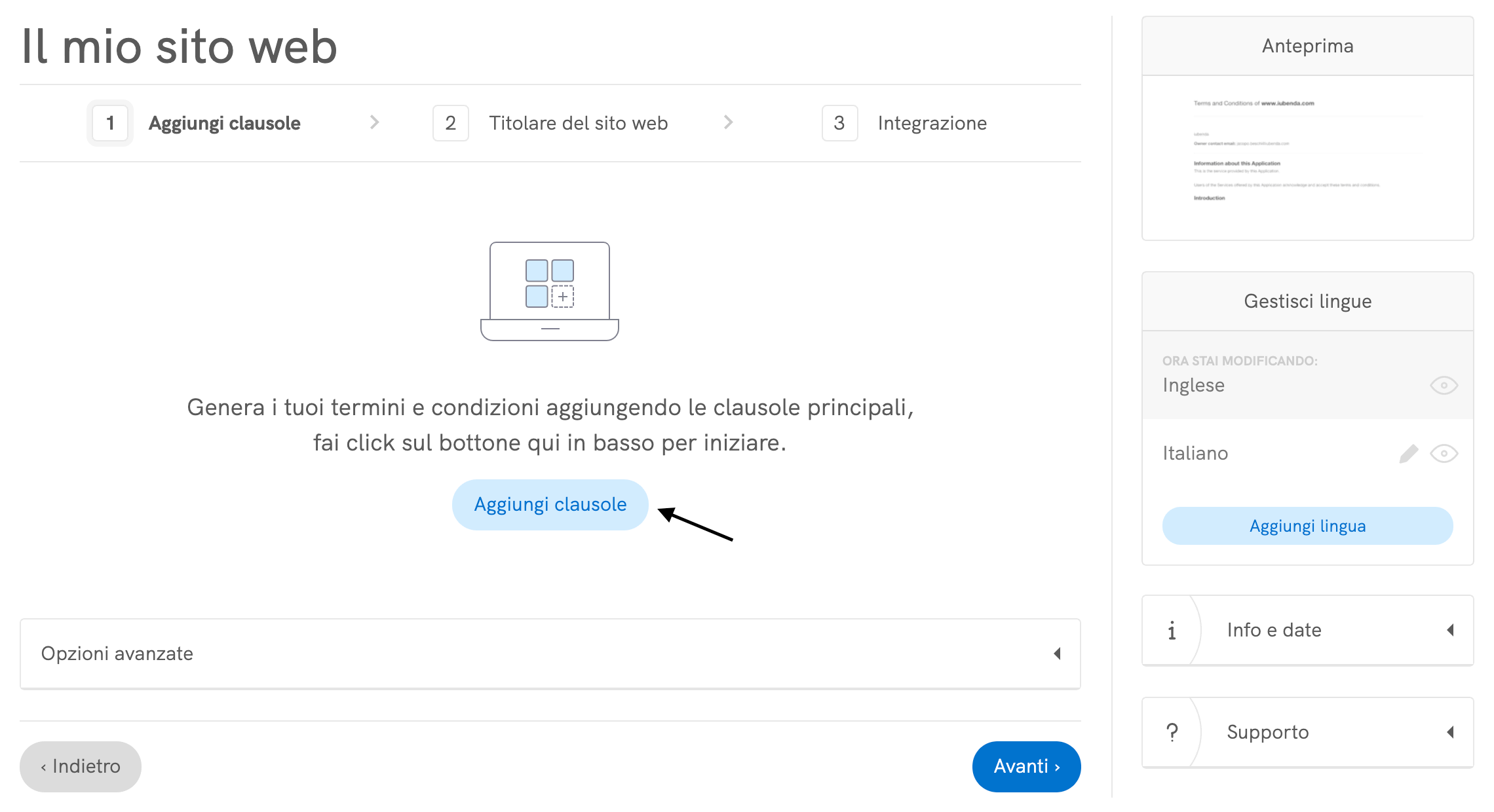 Termini e Condizioni - Aggiungi clausole