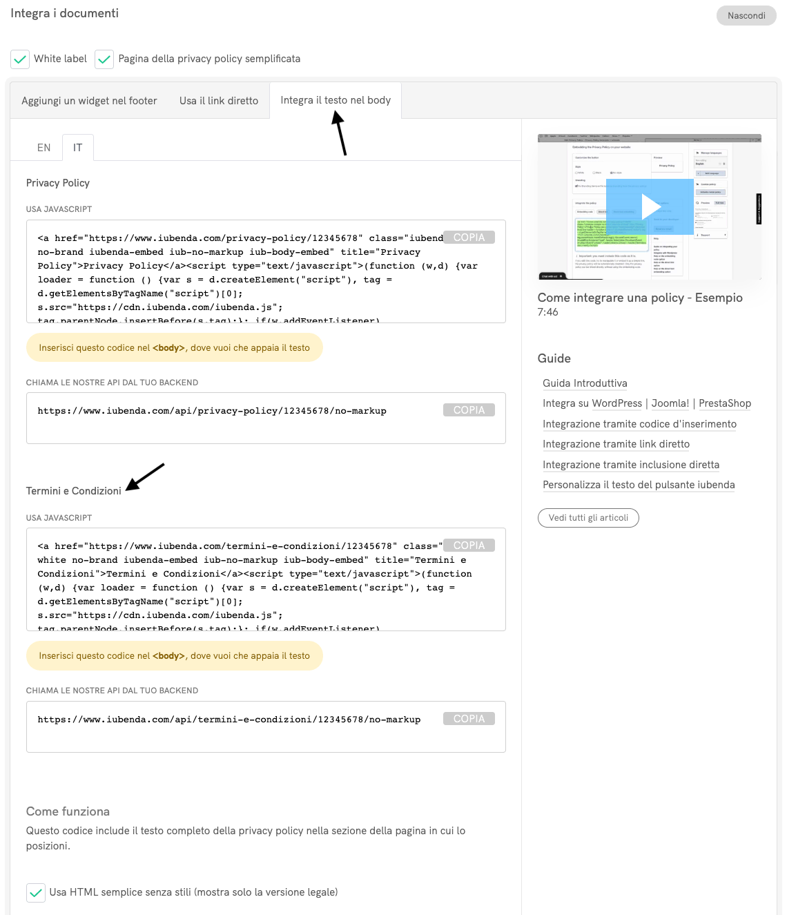 Termini e condizioni - Integrazione tramite inclusione diretta del testo