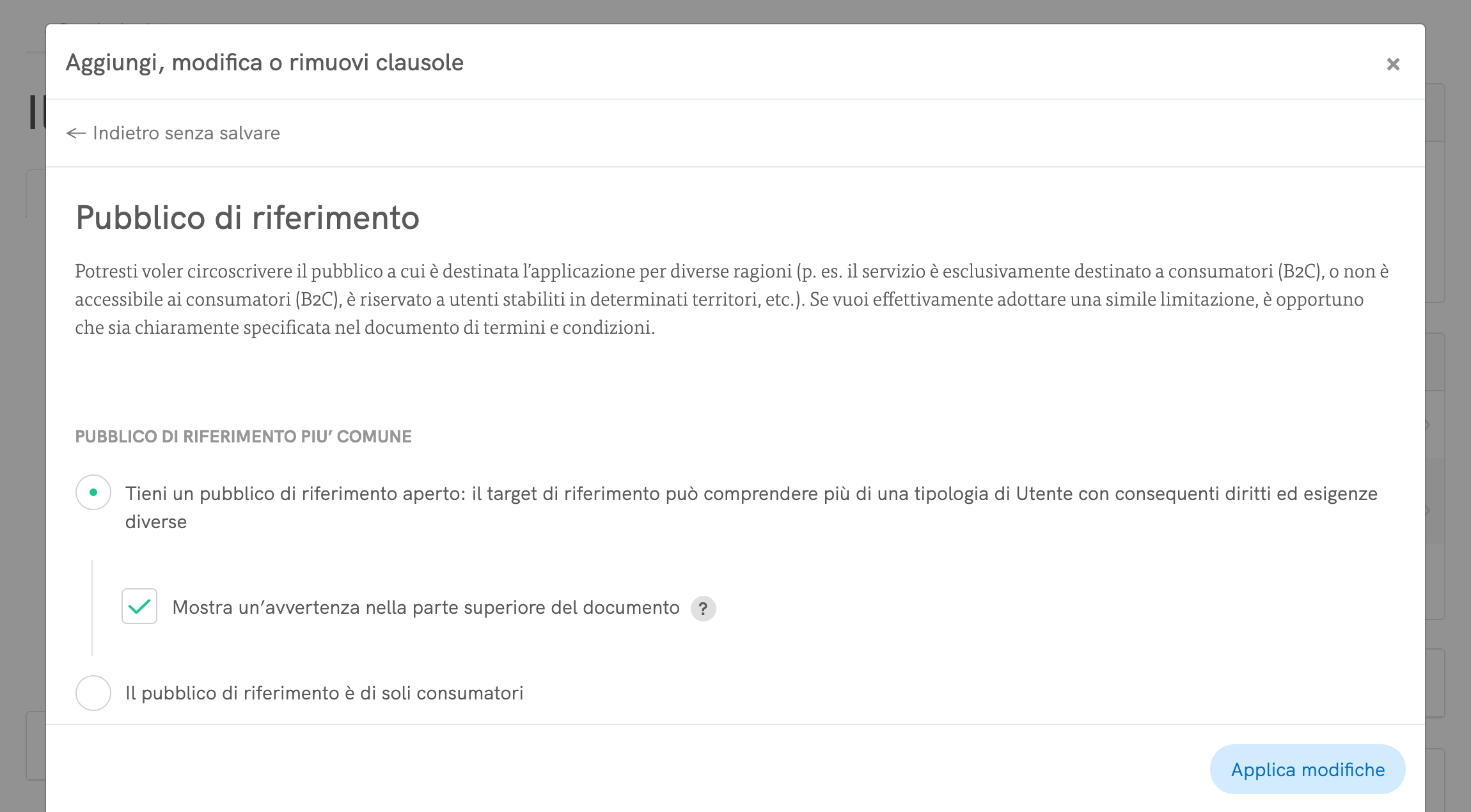 Termini e Condizioni - Personalizza clausole