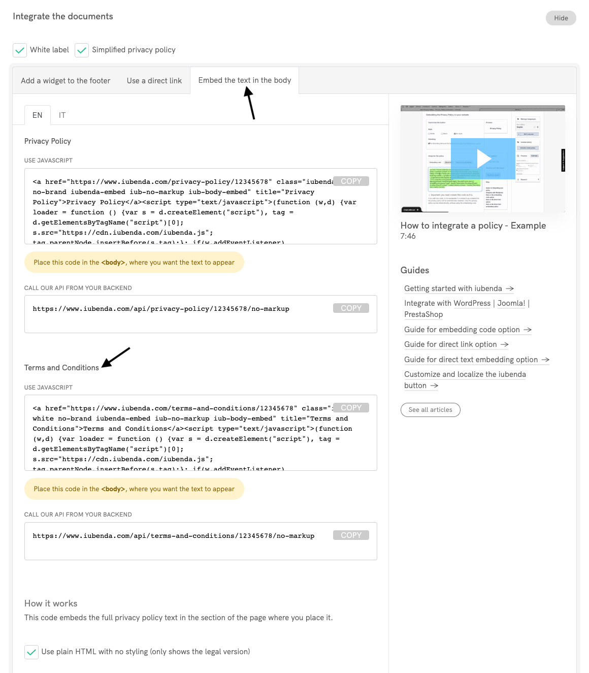 Conditions Générales - Intégration directe de texte