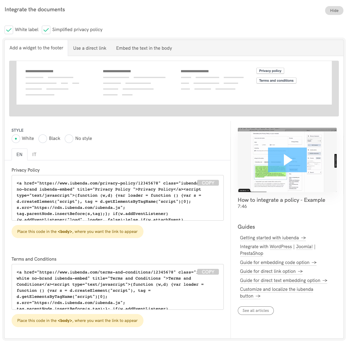 Documents Légaux iubenda - options d'intégration