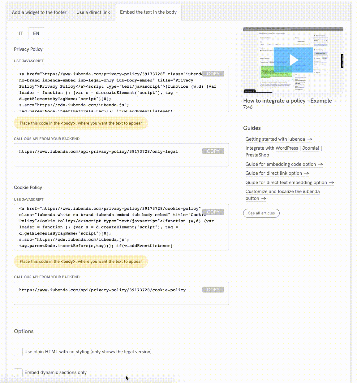 Privacy and Cookie Policy - Embed dynamic sections only