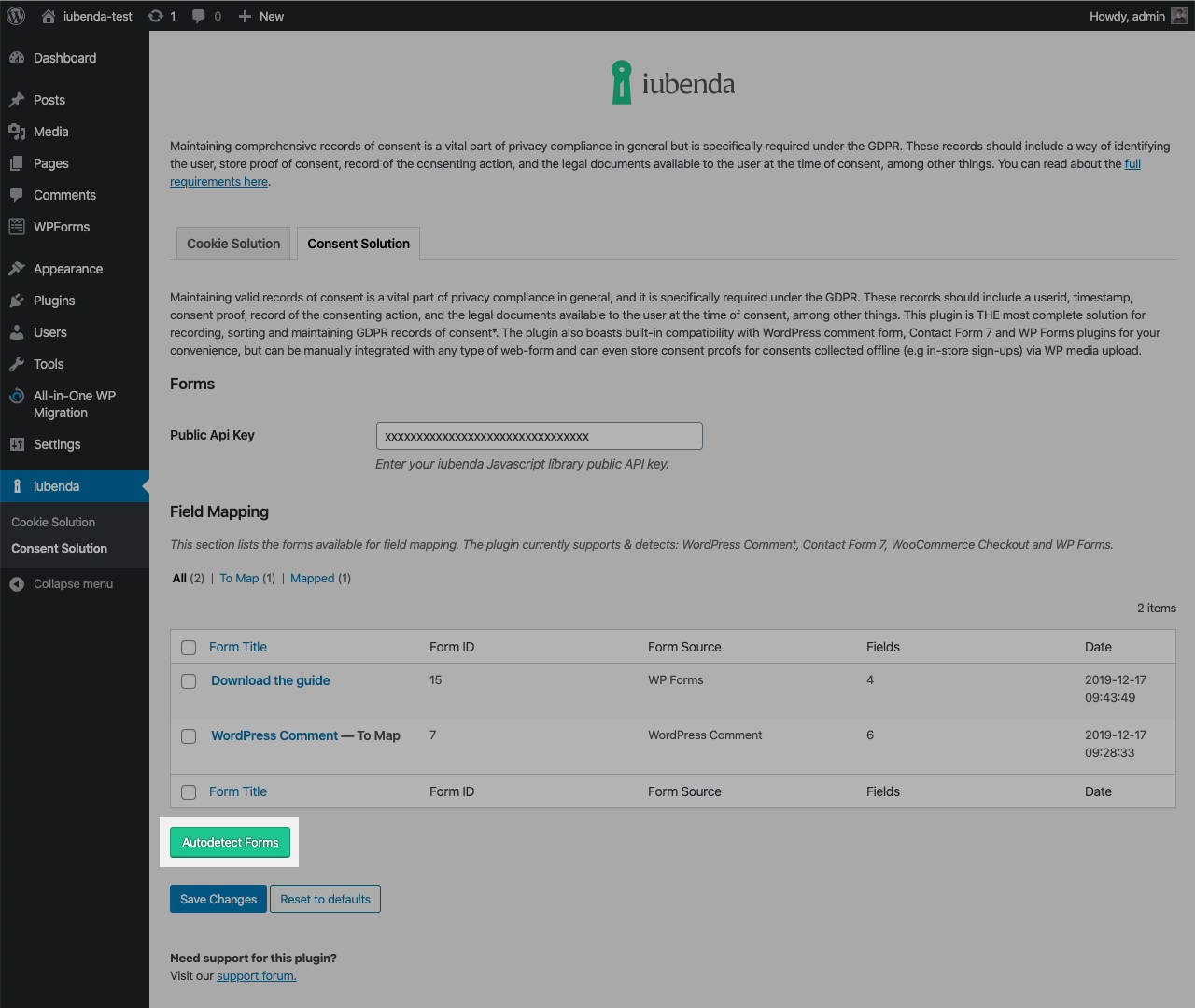 Module WordPress de la Consent Solution - Autodétection de vos formulaires