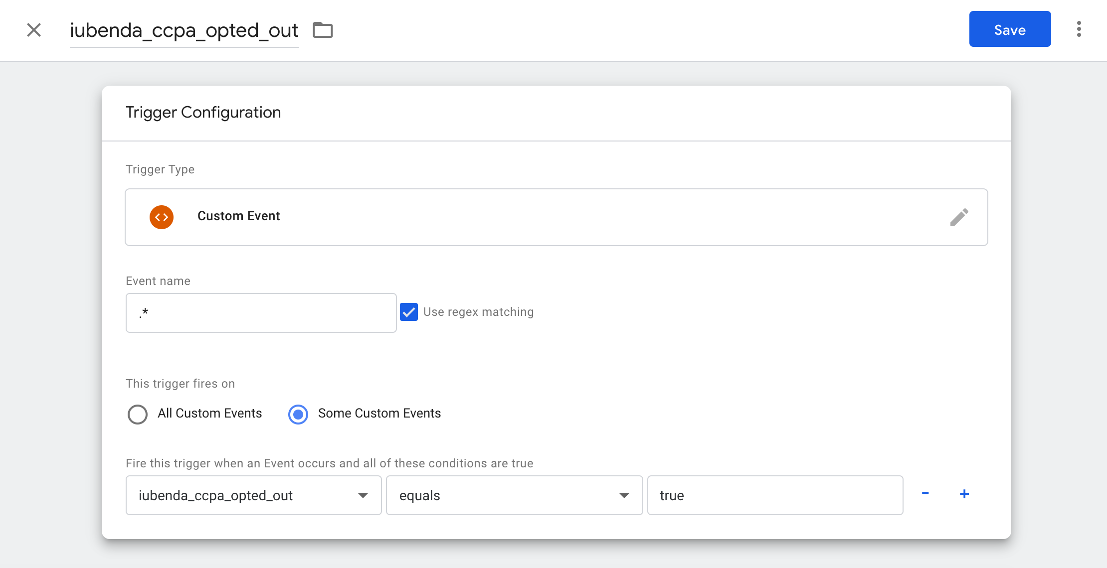 Google Tag Manager - Configuration du déclencheur iubenda_ccpa_opted_out
