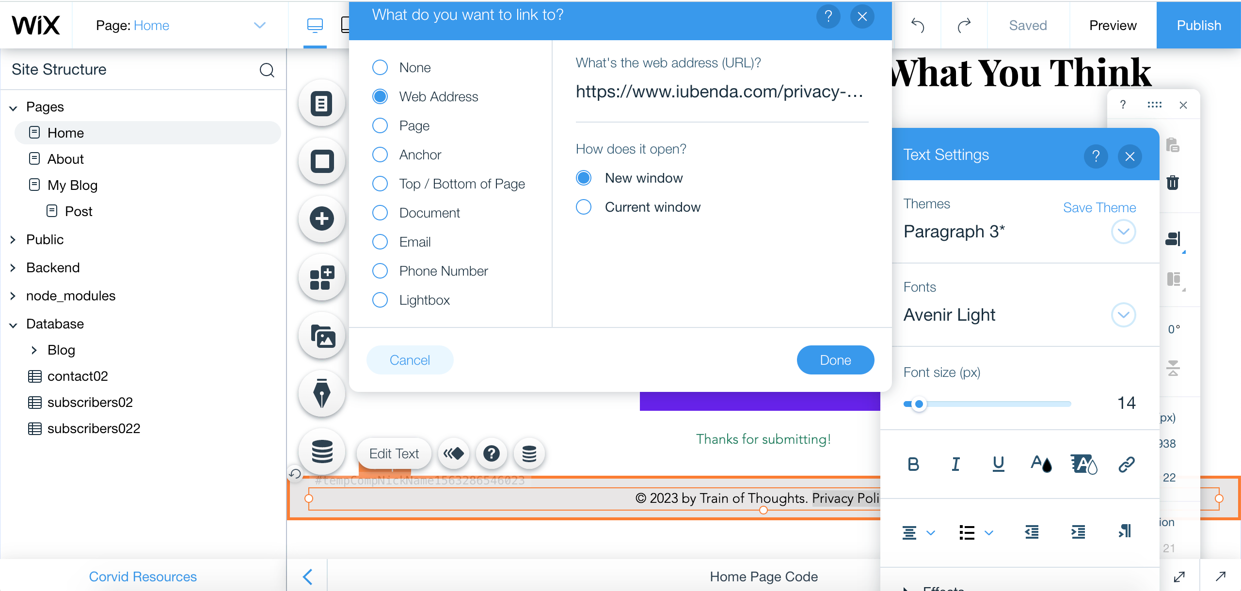 Editor Wix - Link della privacy policy