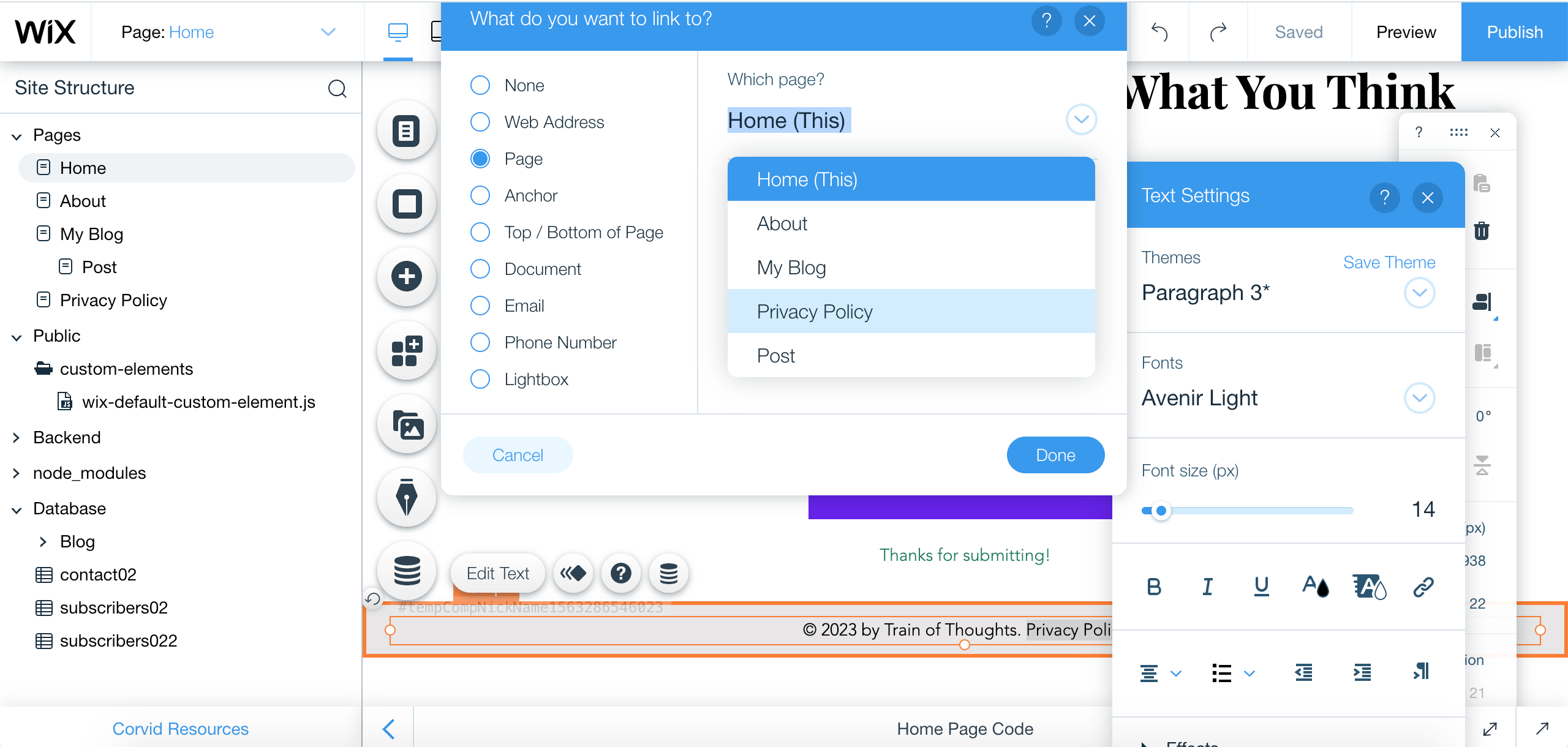 Editor Wix - Link alla privacy policy