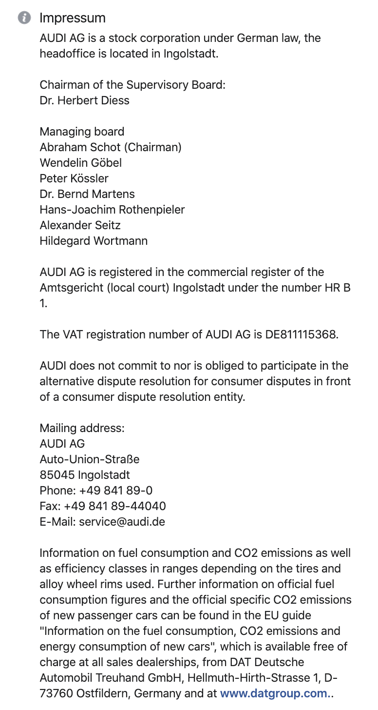 Exemplo de Impressum do Facebook - Audi 