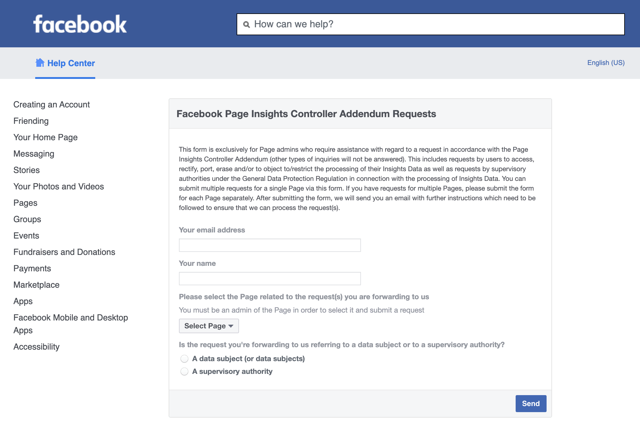 Solicitações do Adendo sobre Controladores dos Insights da Página do Facebook