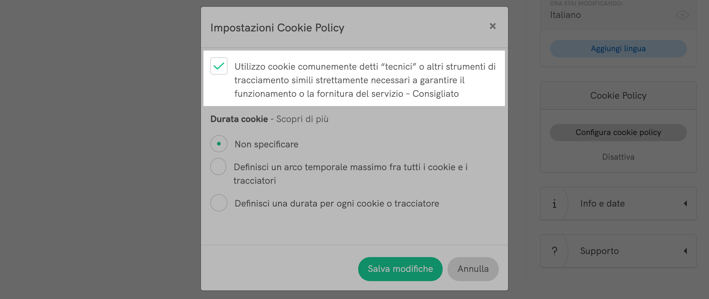 Generatore di Privacy e Cookie Policy iubenda - Impostazioni della Cookie Policy