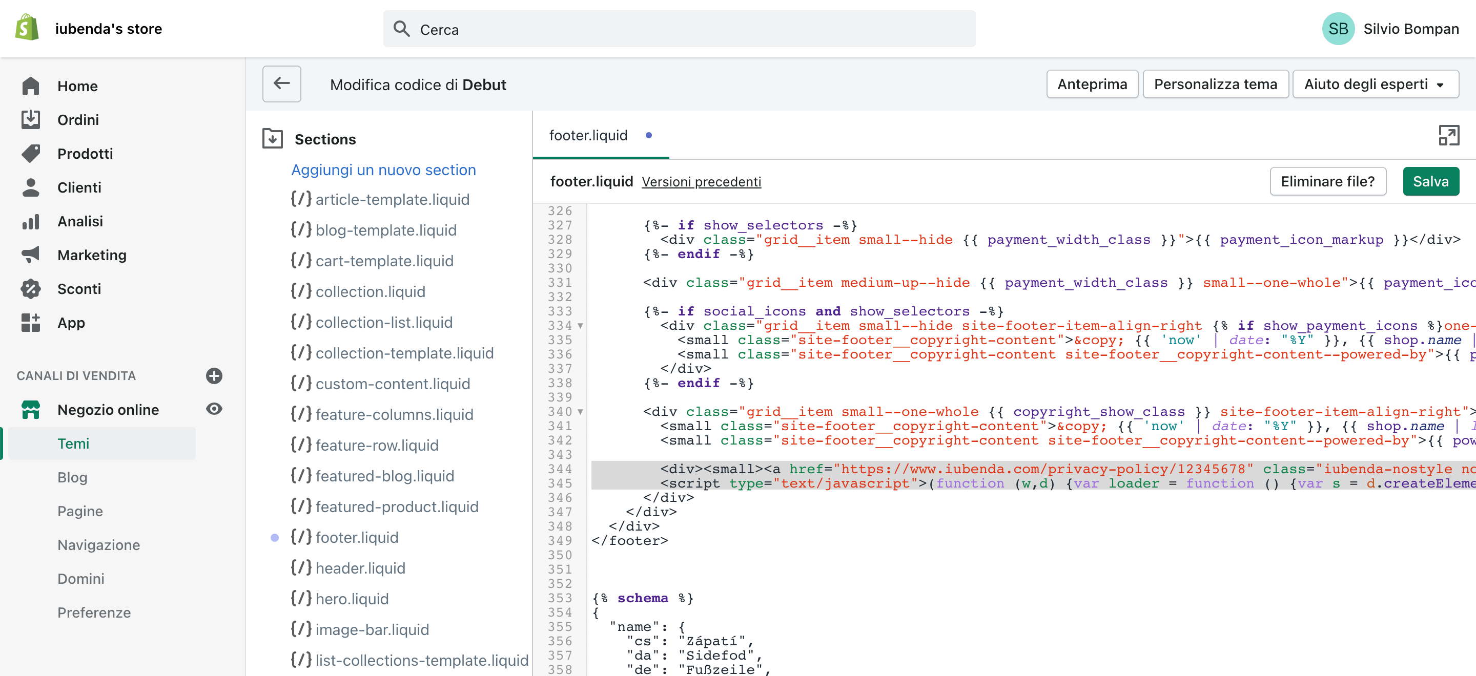 Shopify e iubenda - Modifica section footer.liquid
