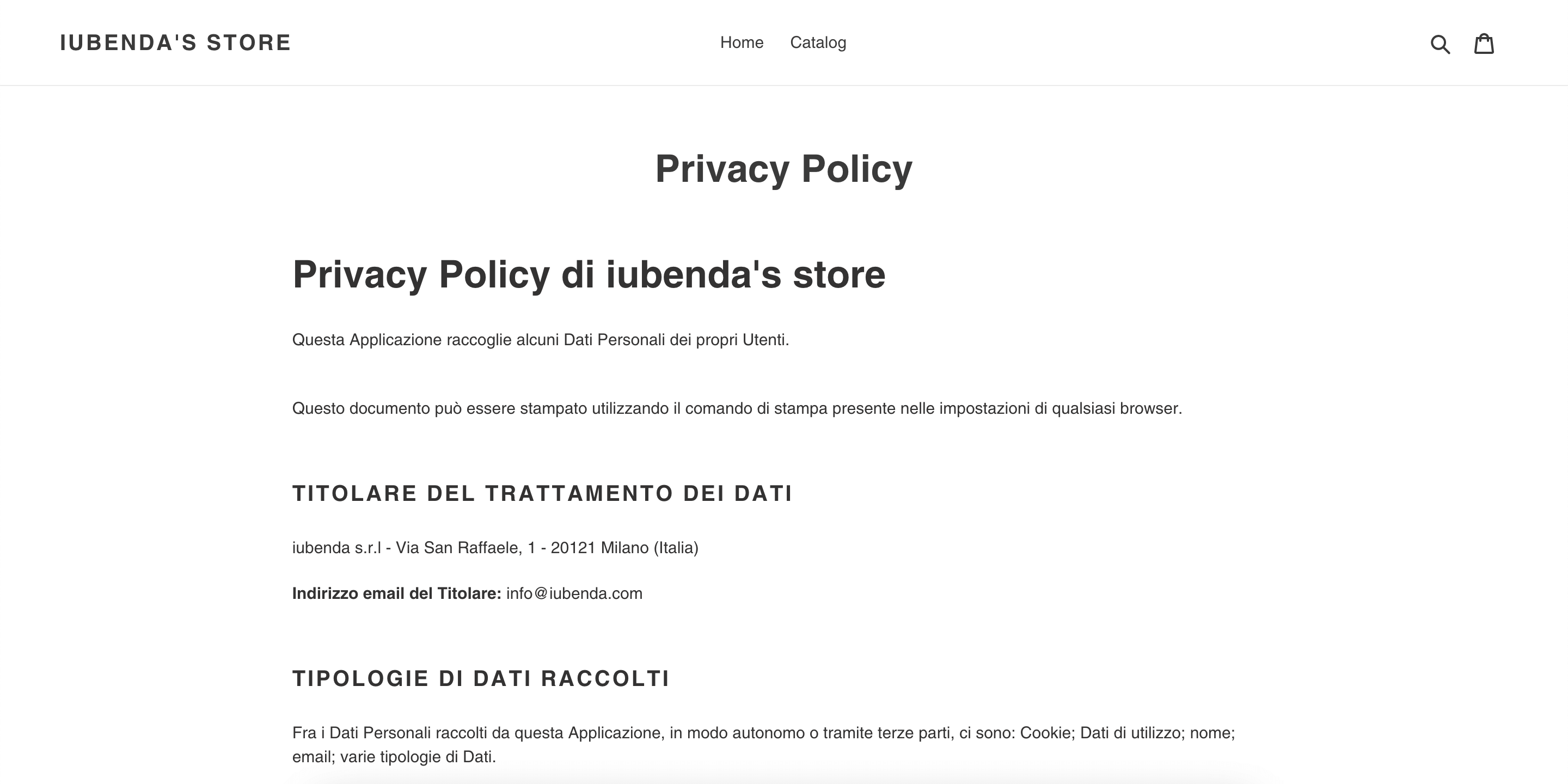 Shopify e iubenda - Pagina Privacy Policy