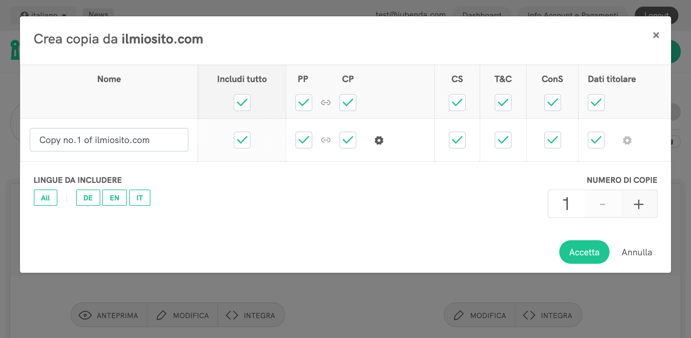 Crea una copia di un sito esistente