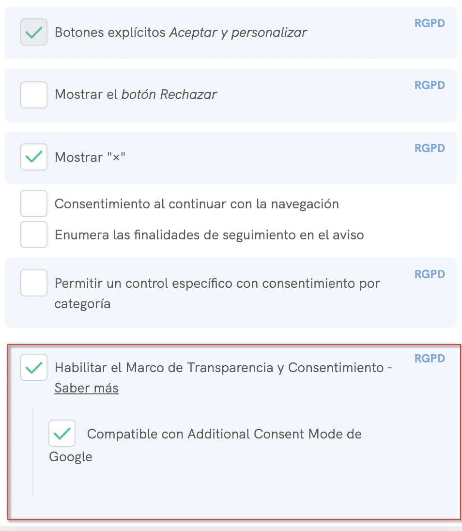 Habilitar el Marco de Transparencia y Consentimiento de IAB v2.0