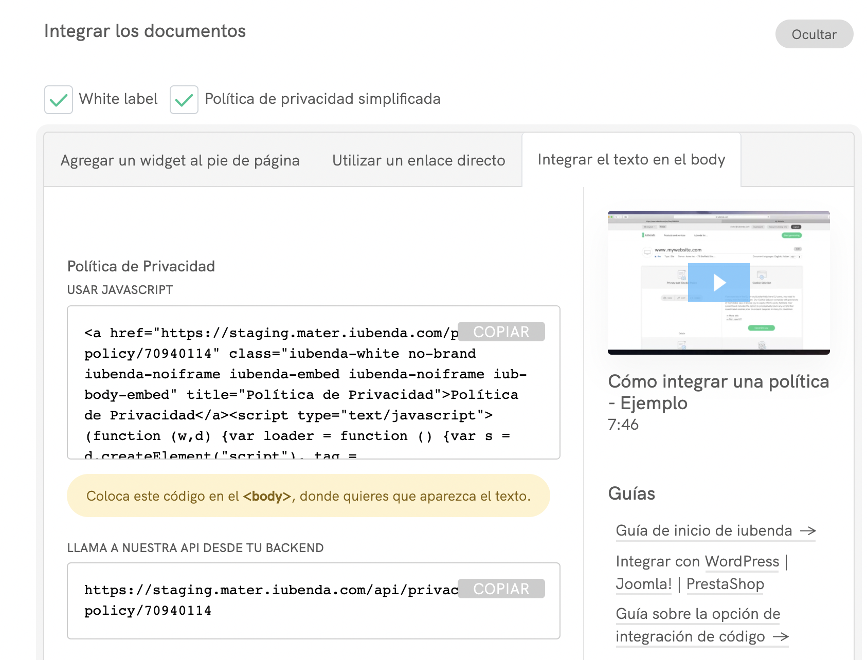 Política de Privacidad de iubenda: integración directa de texto