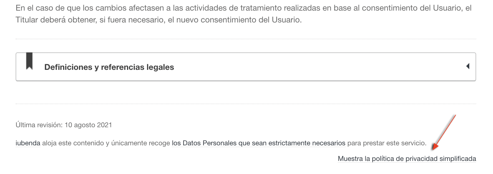 Simplified Privacy Policy link inside the complete privacy policy
