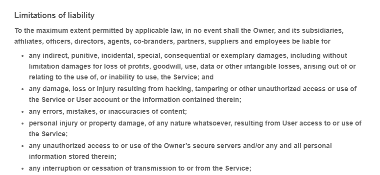 clause definition - limitation of liability