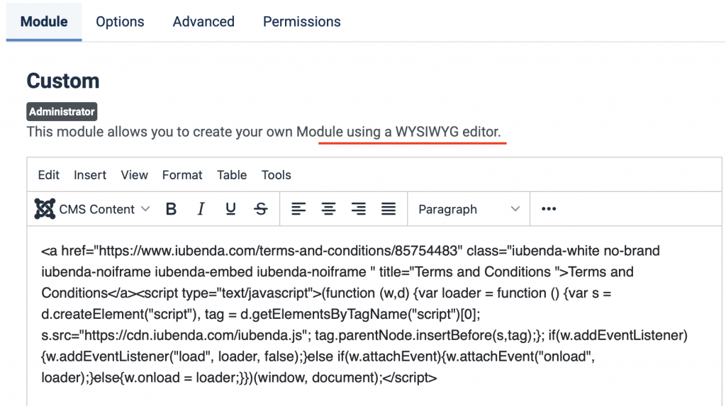 Como adicionar os Termos e Condições da iubenda no Joomla