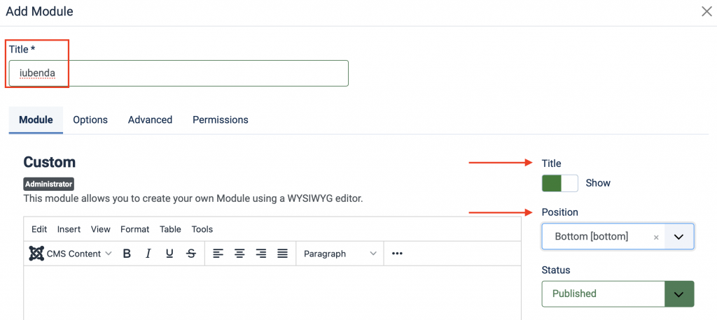 Como adicionar os Termos e Condições da iubenda no Joomla