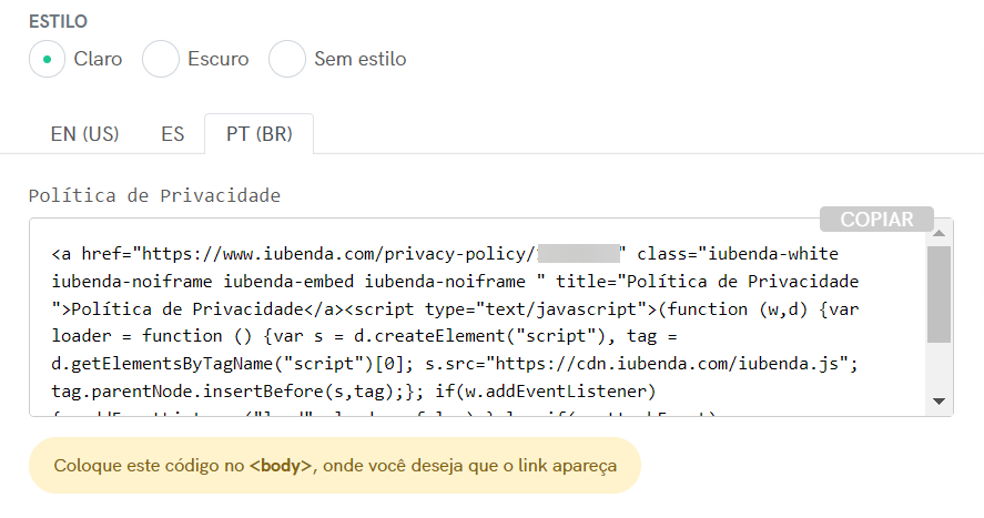 seção de integração da política de privacidade