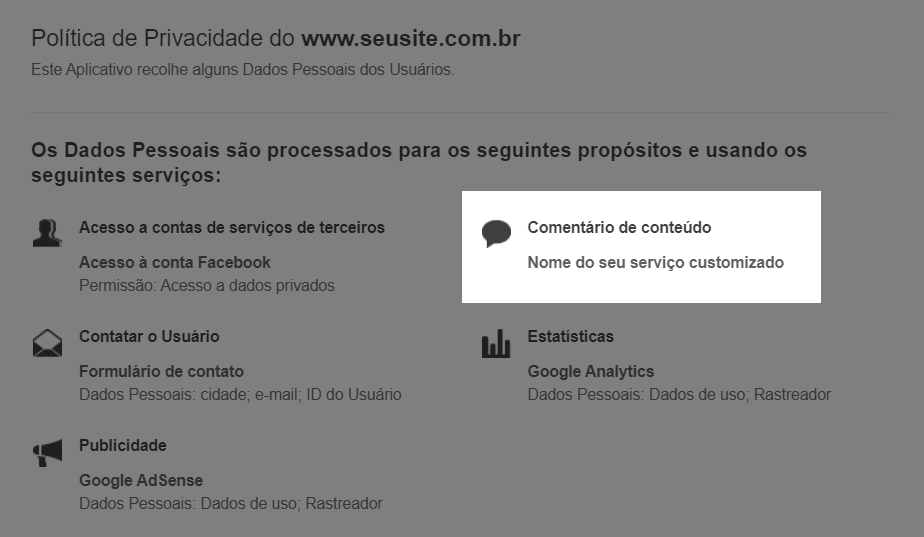 Cláusula customizada adicionada a uma categoria de propósito na política de privacidade principal