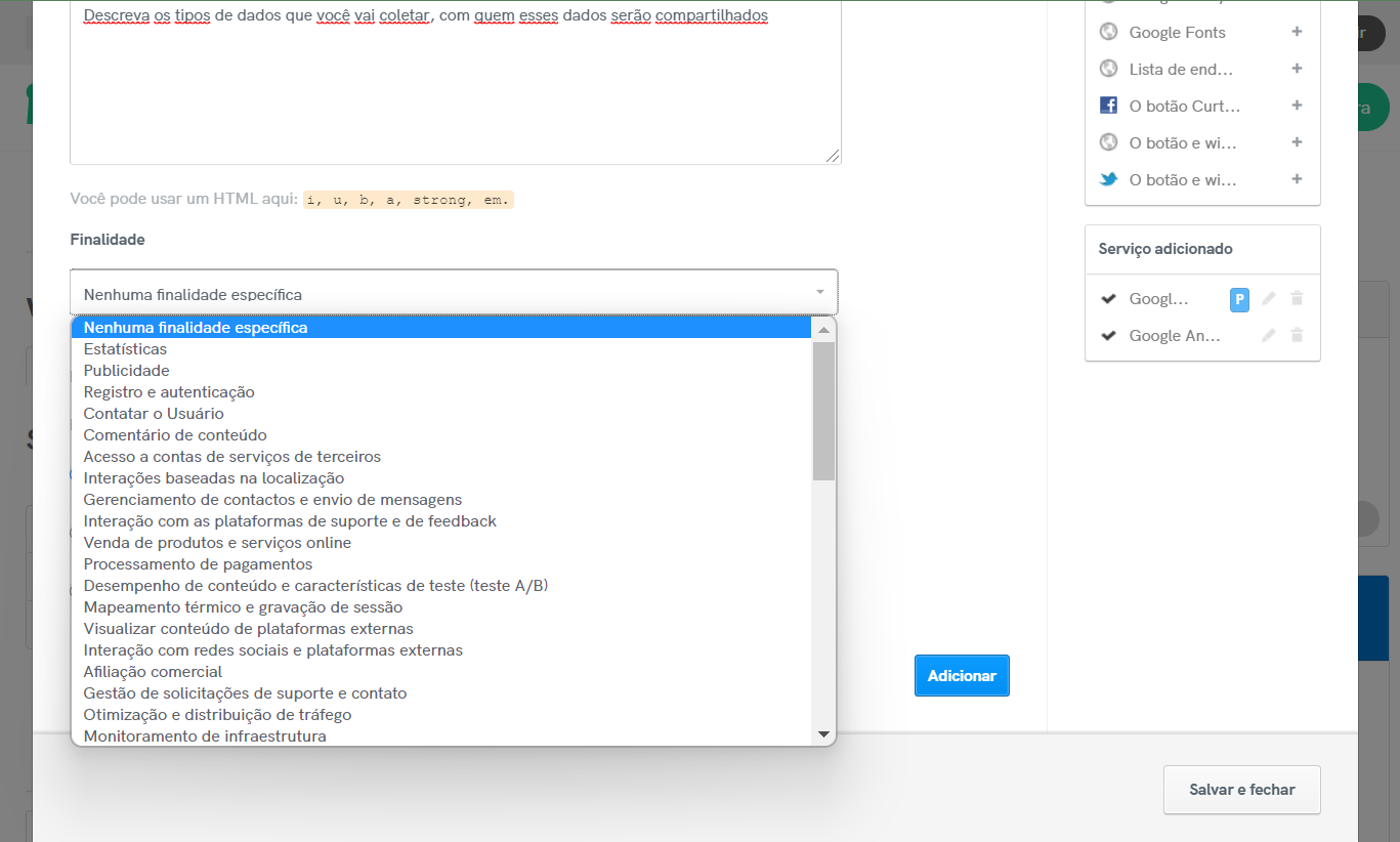 Gerador de Política de Privacidade e Cookies - determine as finalidades