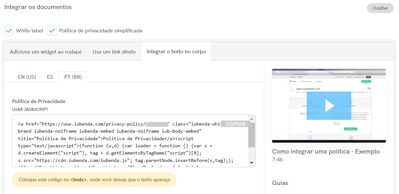 Política de Privacidade iubenda para Shopify - integrar texto no corpo