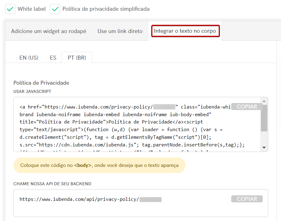 integrar trecho do código da iubenda no corpo