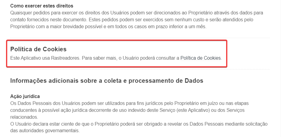 Seção de política de cookies dentro da política de privacidade