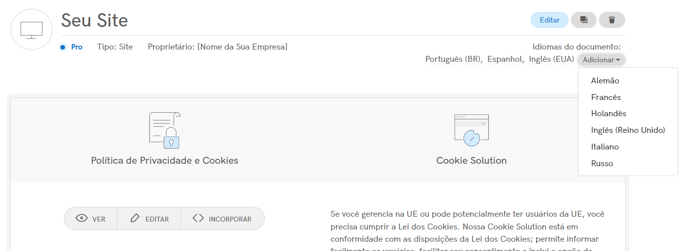 Adicione um ou mais idiomas aos seus documentos