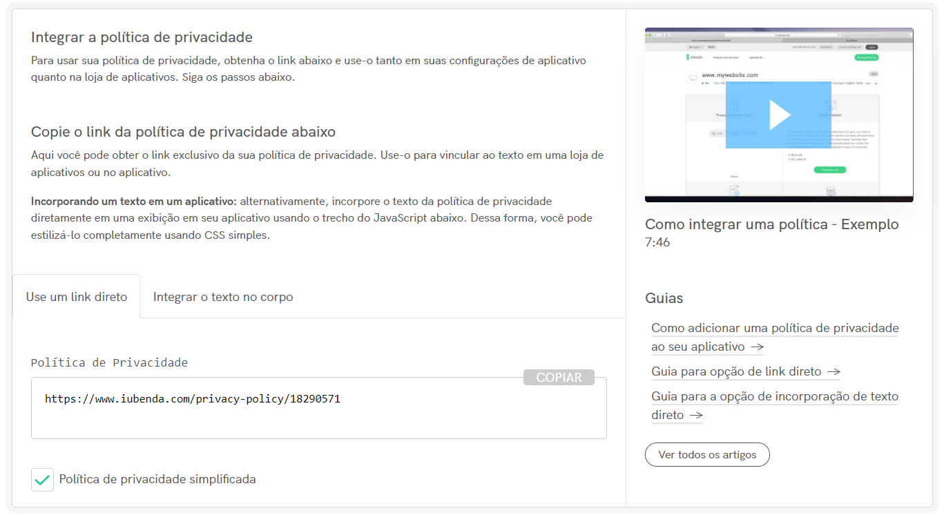 Opções de integração para a Política de Privacidade e Cookies em apps