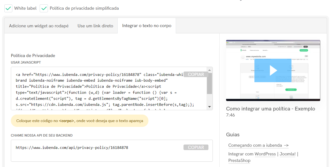 Política de Privacidade iubenda - inclusão de texto direto
