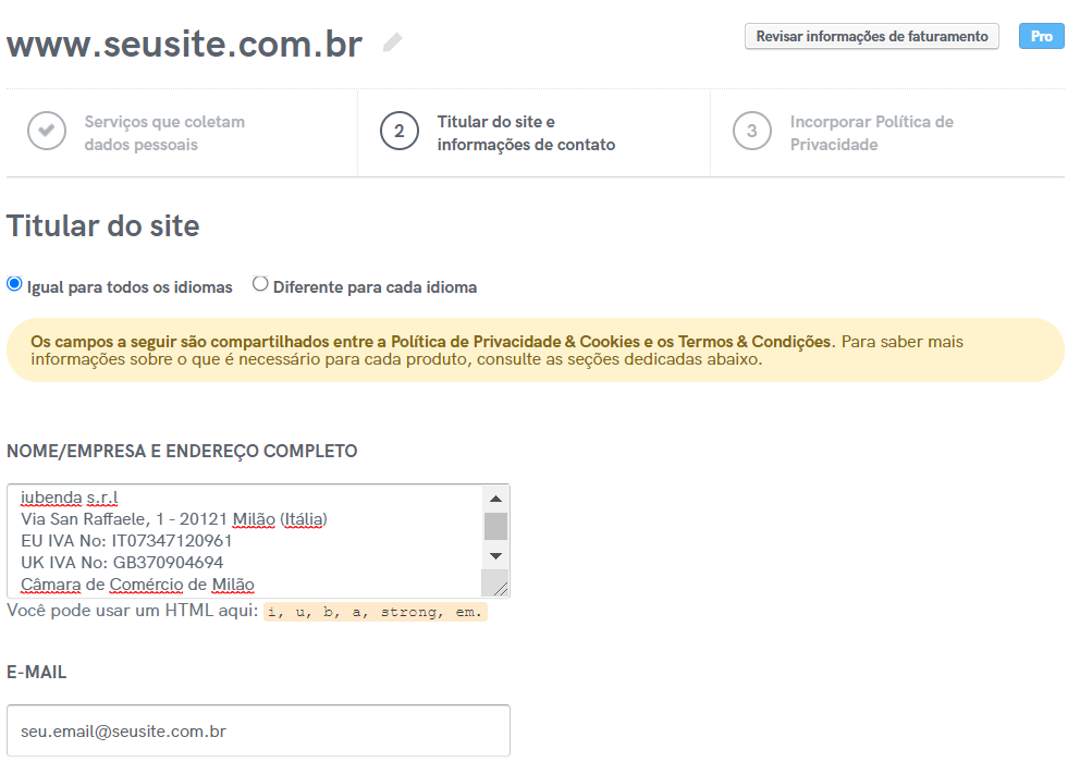 Veja o exemplo de um aviso legal localizado no campo do proprietário na política de privacidade