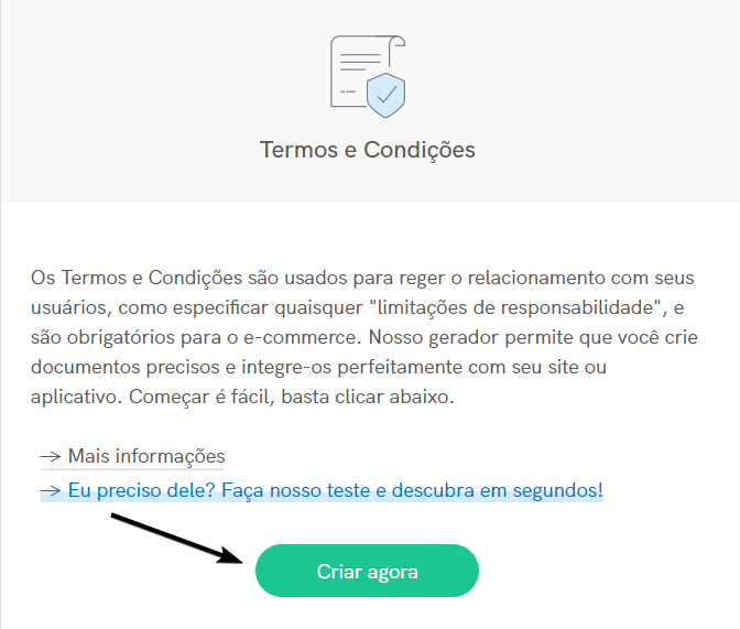 Comece a criar os termos e condições