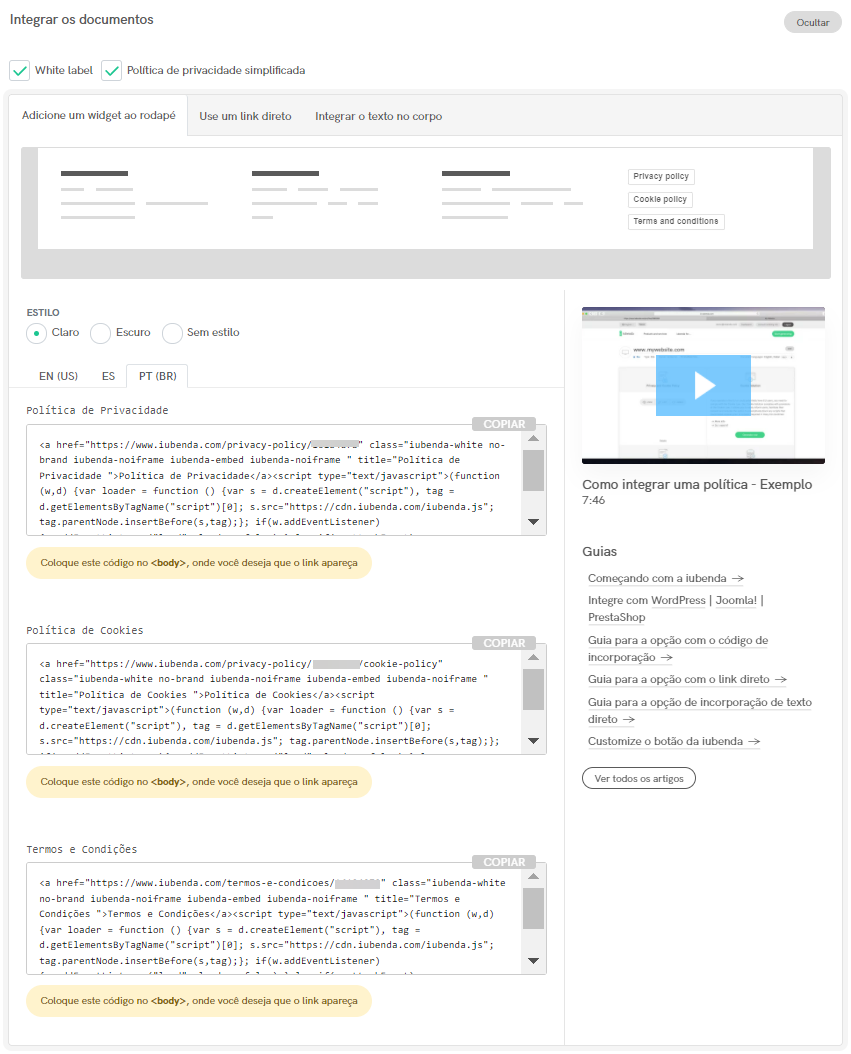 Documentos Legais iubenda – opções de Integração